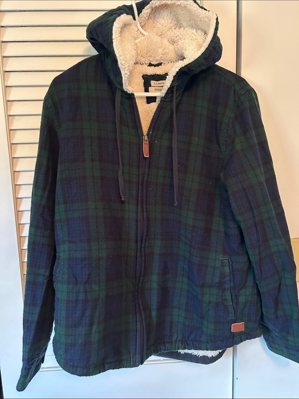 L.L. Bean Green and Navy Plaid Sherpa-Lined Hooded Jacket